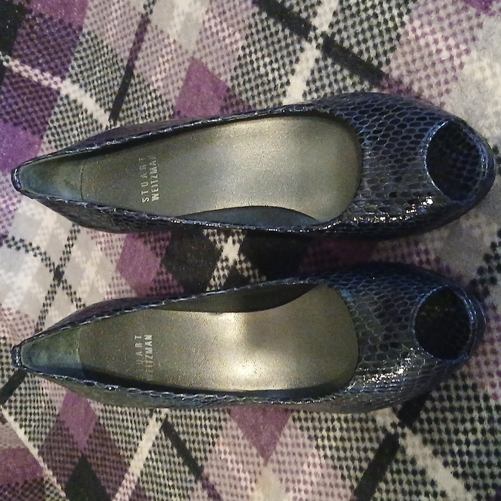 Stuart Weitzman Navy Snakeskin Peep Toe Heels